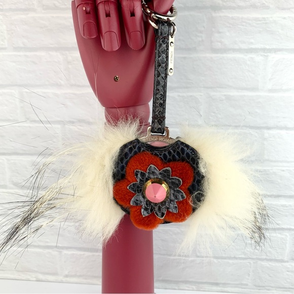 Authentic FENDI Mirror Floral Python Skin Leather Fur Bag Bug Charm - Picture 3 of 16